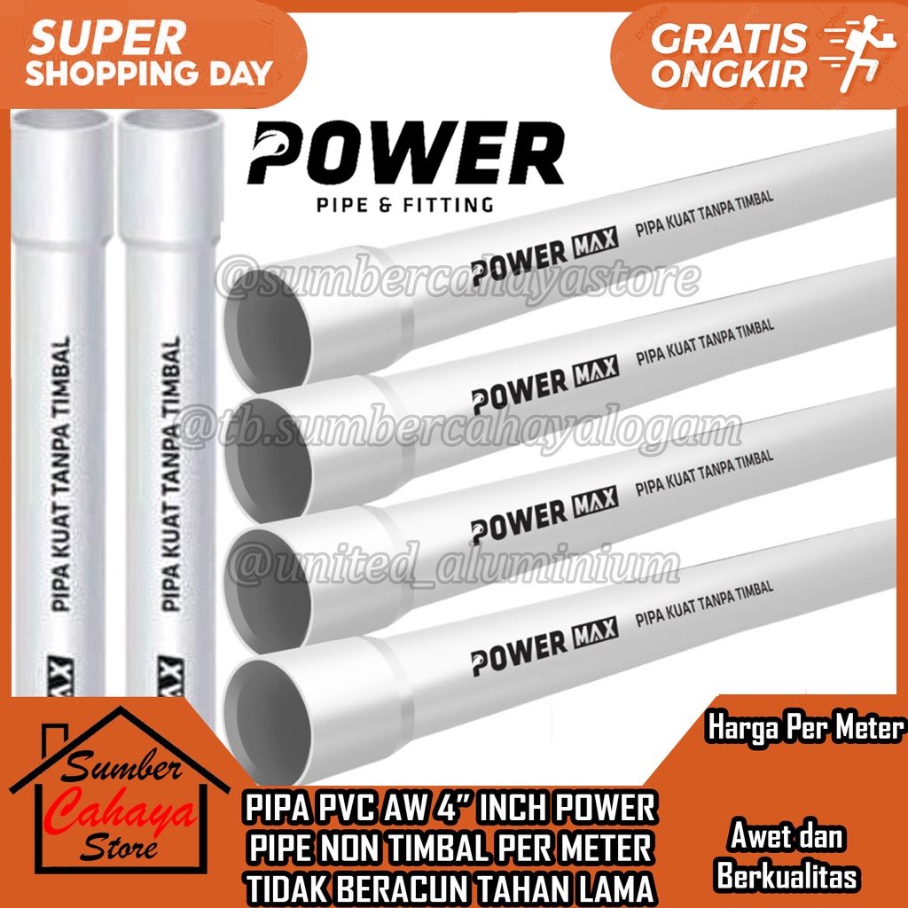 Pipa Paralon PVC 4 inch AW Putih 1 meter Power Non Timbal TIDAK BERACUN TAHAN LAMA PRALON UPVC KABEL