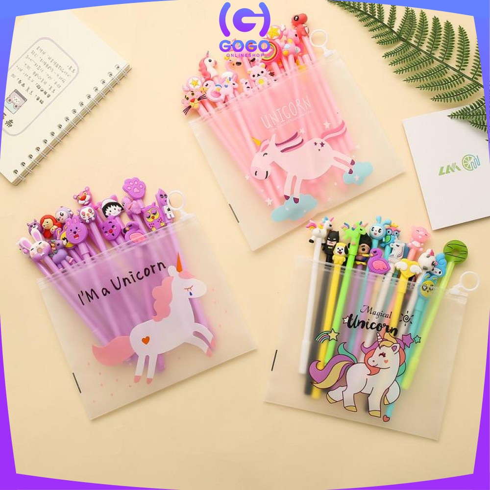 GOGO-A15 Pulpen Gel Karakter Lucu Set Isi 20PCS Pena FREE Zipper Pouch Tempat Pensil Transparan Murah