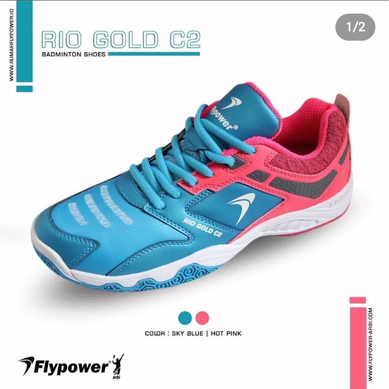 SEPATU BADMINTON FLYPOWER RIO GOLD C2 BLUE PINK ( 34 - 44 ) ORIGINAL