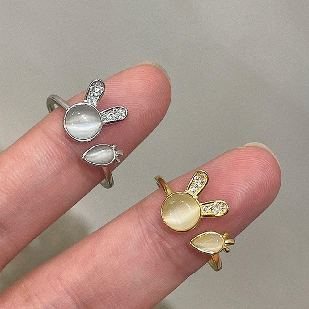 Mxbeauty Cincin Kelinci Trendi Kreatif Vintage Zodiak Kelinci Berlian Berlian Imitasi Tembaga Kristal Moonstone Perempuan Terbuka Ring