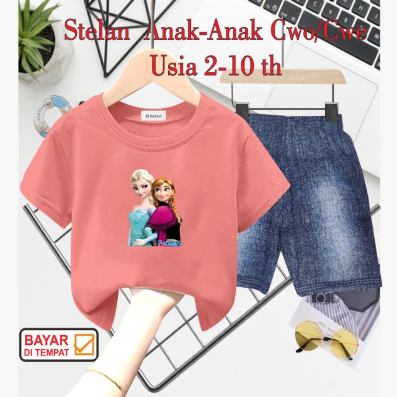 ((IB))SETELAN ANAK PEREMPUAN SEMI JEANS/FROZEN DIGITAL SABLON