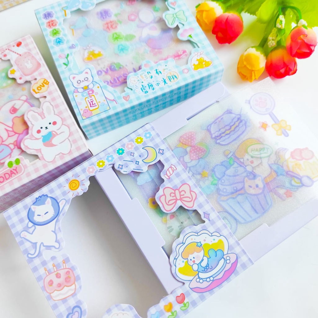 Sticker BOX SENMU Mini 1 Varian isi 8 Lembar Set Daily Manual Cute Pattern Decorative Tape Sticker Gift Box