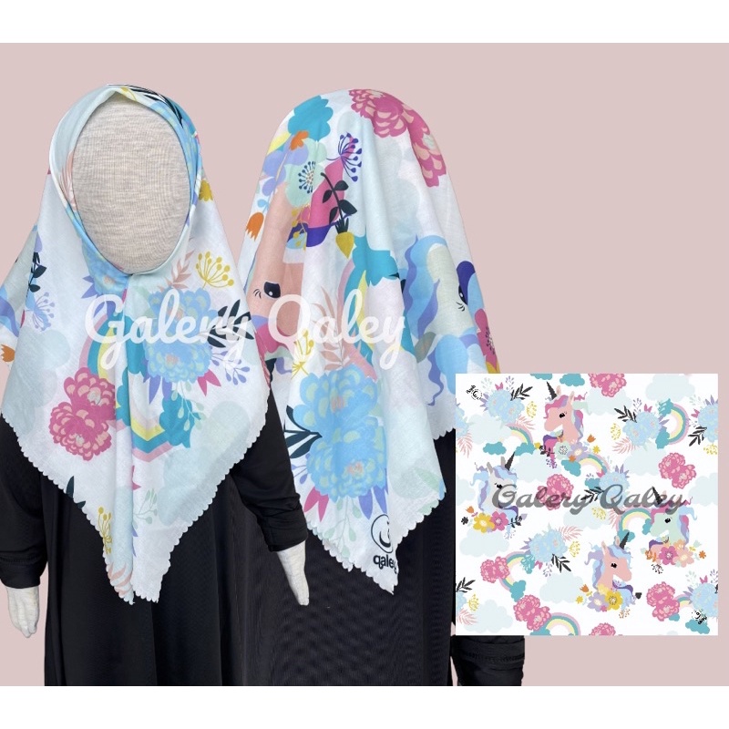 VOAL PRINTING INSTANT ANAK NOTIF UNICORN BUNGA PELANGI / VOAL PRINTING MOTIF ANAK / HIJAB INSTANT ANAK