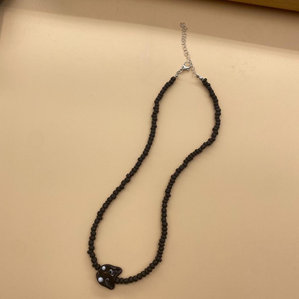 Kalung Manik-Manik Bentuk Kartun Kucing Warna Hitam Putih Untuk Pasangan