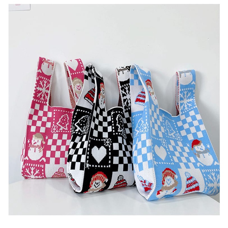 Gobra ♕ TW003 Tas Bene Korean Knitted Checkered Tote Bag Tas Rajut Motif Christmas Natal Totebag Buffollow Vacay Viral Bangkok Import