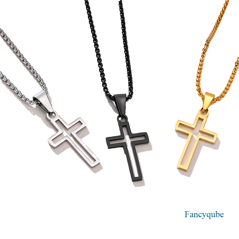 Fancyqube Kalung Rantai Panjang Liontin Salib Hollow Out 3 Warna Gaya Hip Hop Punk Untuk Pria / Wanita