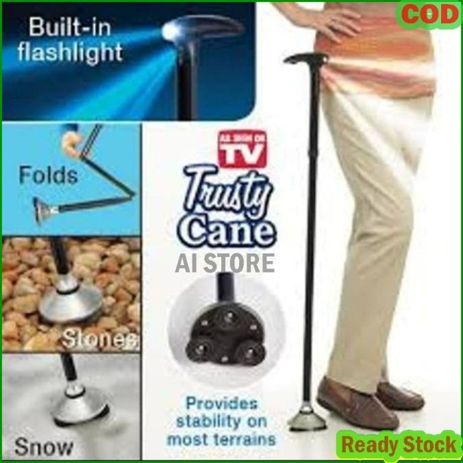 Tongkat Jalan Orang Tua Lampu LED Bisa Lipat Trusty Cane Original