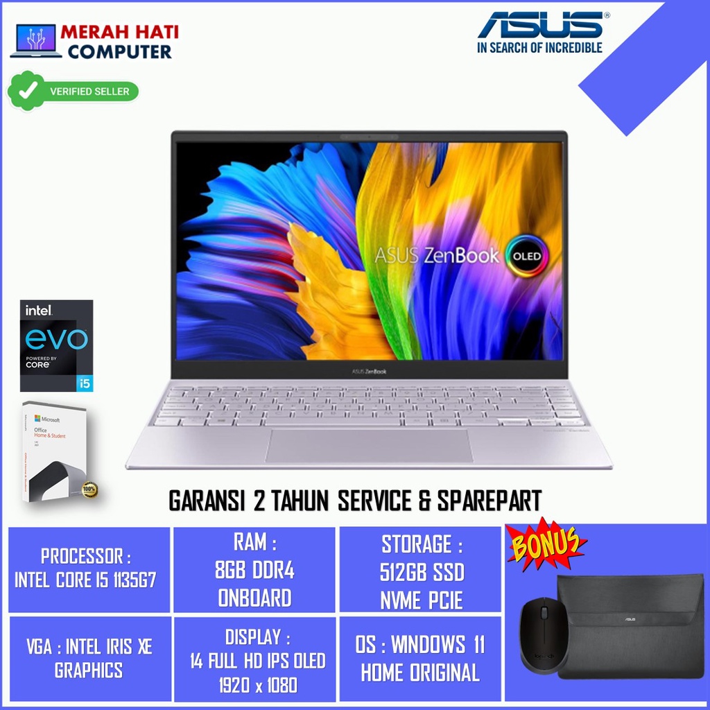 Laptop asus zenbook 13 OLED UX325EA intel evo I5 1135G7 Ram 8GB Ssd 512GB FHD OLED Win11