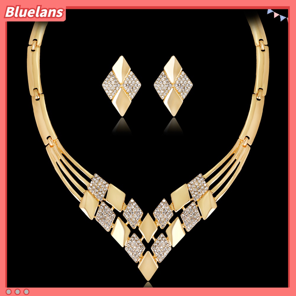 Bluelans Women KC Gold Plated Rhombus Shape Necklace Earrings Rhinestones Jewelry Set