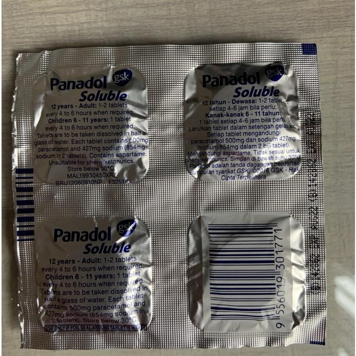 Panadol Soluble Malaysia 1 Strip=4 Tablet Celup