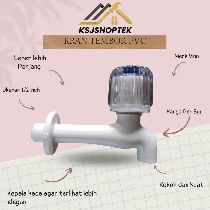 Kran Tembok PVC Leher Panjang 1/2 Inch Kepala Kaca Mahkota Wudhu