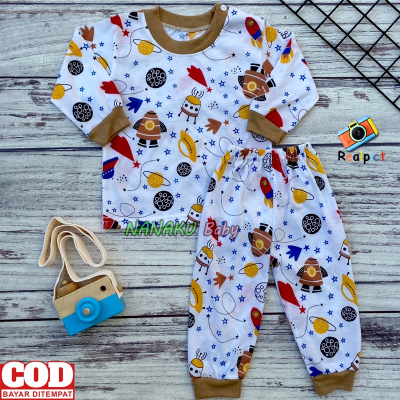 Setelan Baju Bayi Setelan Piyama Bayi Lengan Panjang Kancing Bahu Motif Rocket Usia 3-12 Bulan Anababy.id