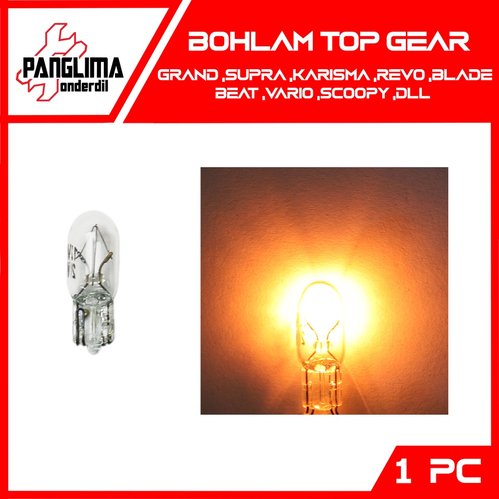 Bohlam Top Gear T6 12 Volt-V-12V 2W-2 Watt-W Grand-Supra-Karisma-Revo-Blade-Beat-Vario-Scoopy-DLL Warna Kuning Lampu Gir-Gigi