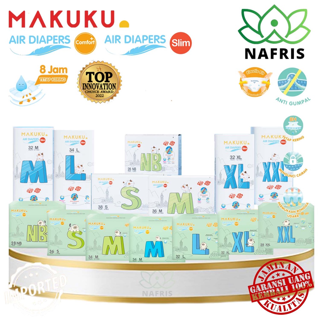 ♥️Nafris♥️MAKUKU Air Diapers Comfort |Air Diapers Slim S36 | M34 | L32 | XL32 | XXL28 |Popok Premium|Diapers Bayi|Popok Anti Gumpal Tipis Kering SAP