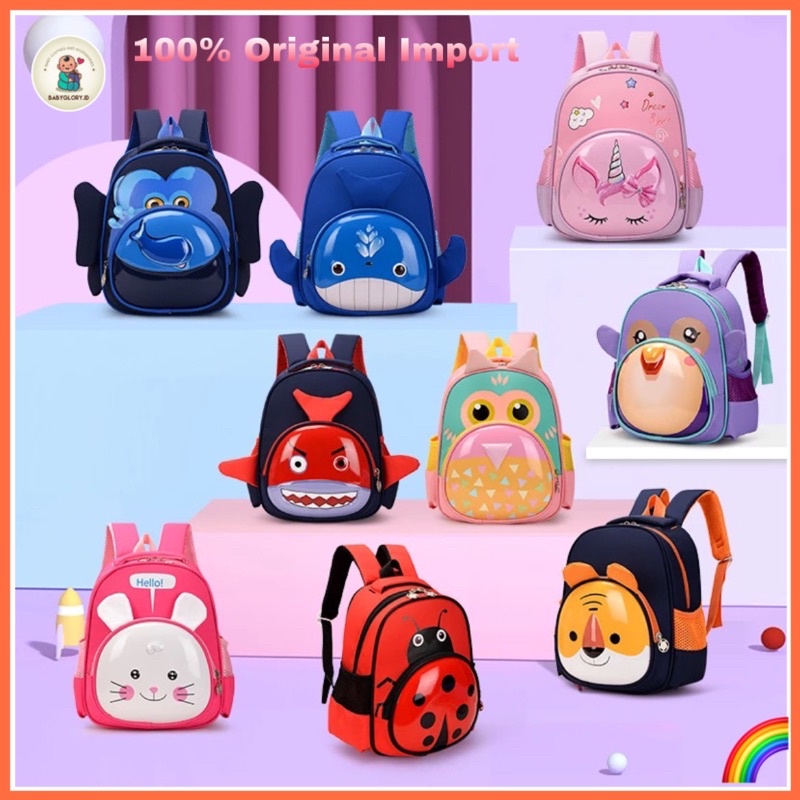 Tas Ransel Anak Sekolah PG/PAUD  lucu keren Cowok/Cewek motif timbul karakter kartun hewan 3 Dimensi Kualitas Import Premium