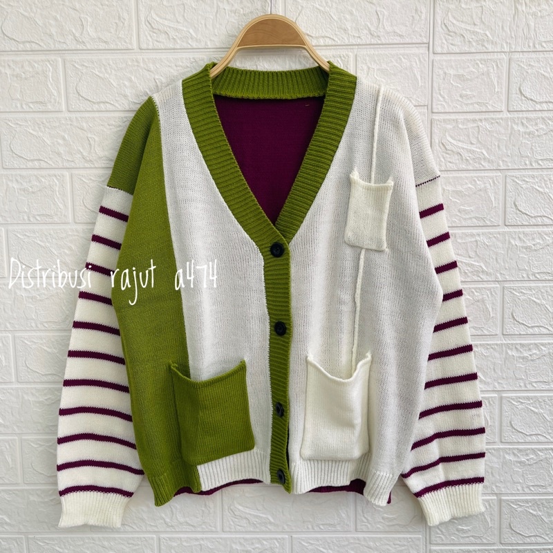 REGINA CARDIGAN RAJUT SAKU OVERSIZE MOTIF GARIS STRIPES TANGAN WANITA