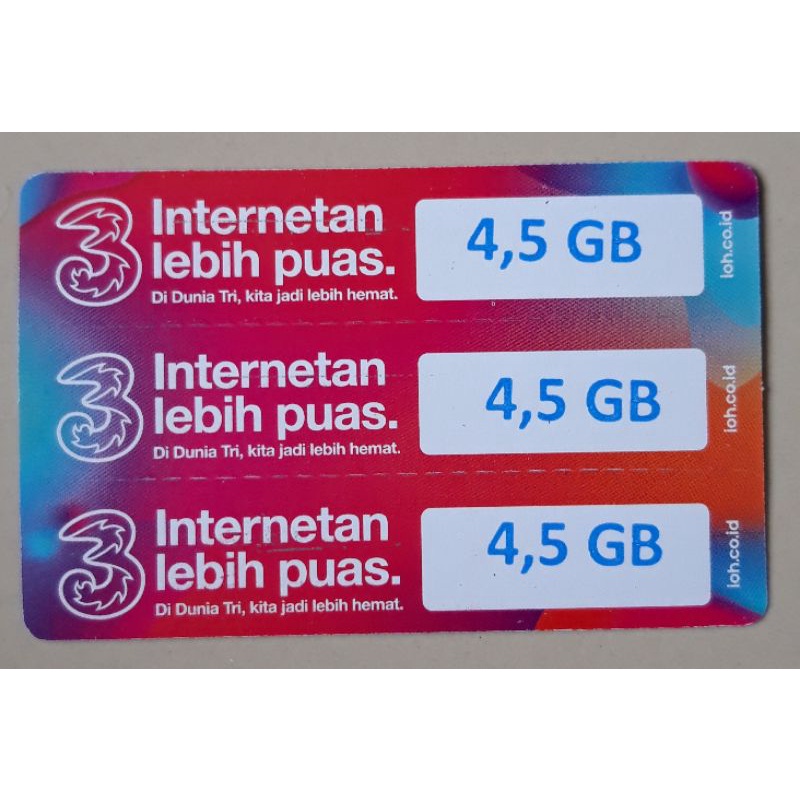 Voucher Tri 4,5gb 30 Hari Nasional + 1,5gb lokal (kirim fisik)
