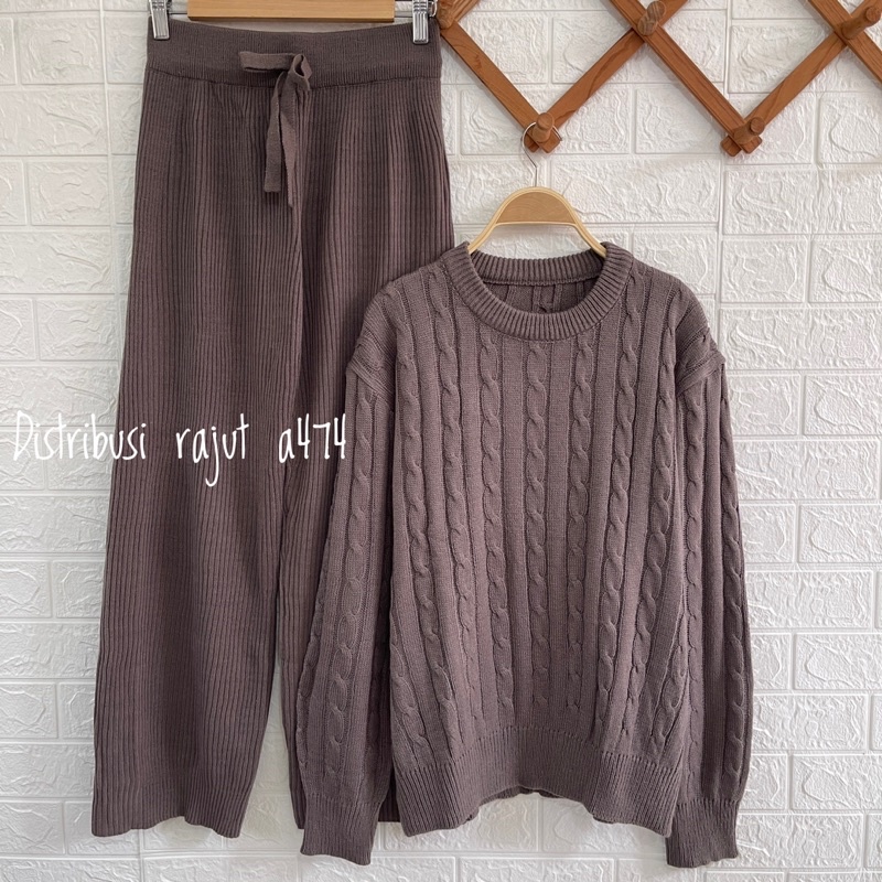 ONESET SWEATER CABLE COUPLE FULL OVERSIZE SETELAN KULOT DAN ROK