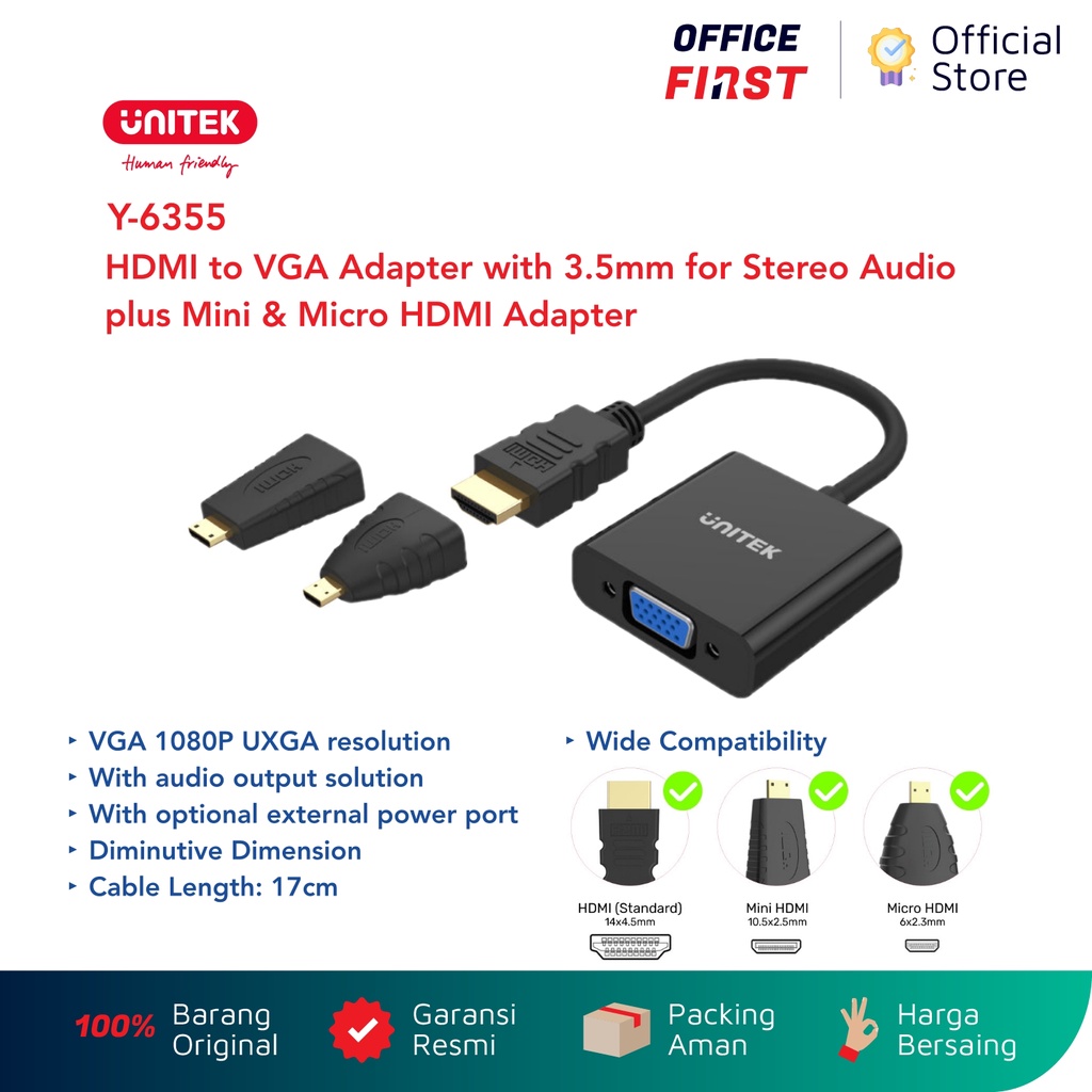 Unitek Y-6355 HDMI to VGA Adapter with 3.5mm for Stereo Audio plus Mini &amp; Micro HDMI Adapter Y6355