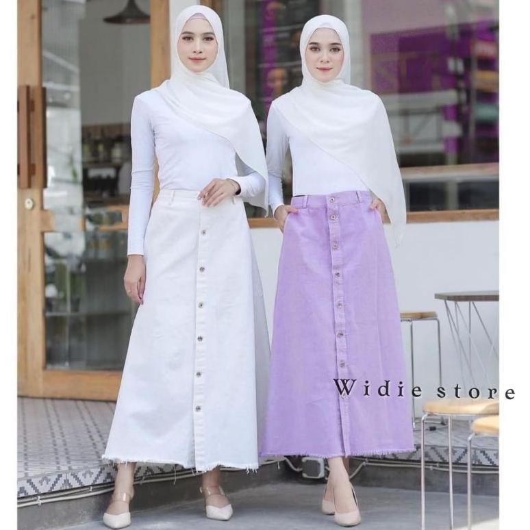 ROK JEANS PUTIH PANJANG WANITA//ROK JEANS RAWIS//ROK JEANS WARNA//ROK JEANS PUTIH HITAM LILAC ◦ PRY.