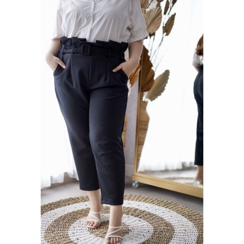 HIGH WAIST RUFFLE BELT PANTS PLUS SIZE | CELANA KERJA BIGSIZE JUMBO