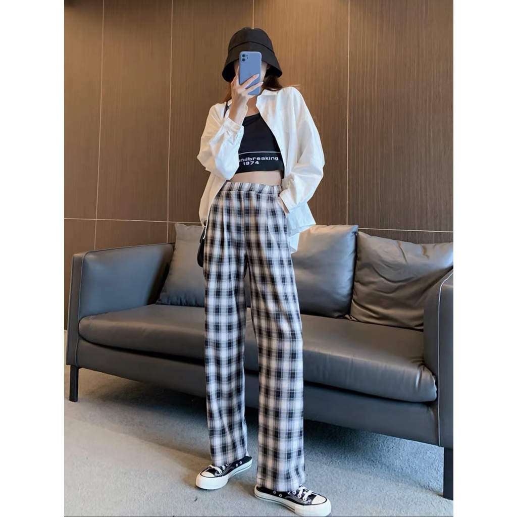 Celana Kotak Wanita Celana Highwaist Wanita Kulot Celana Korea Pinggang Elastis Celana Tartan