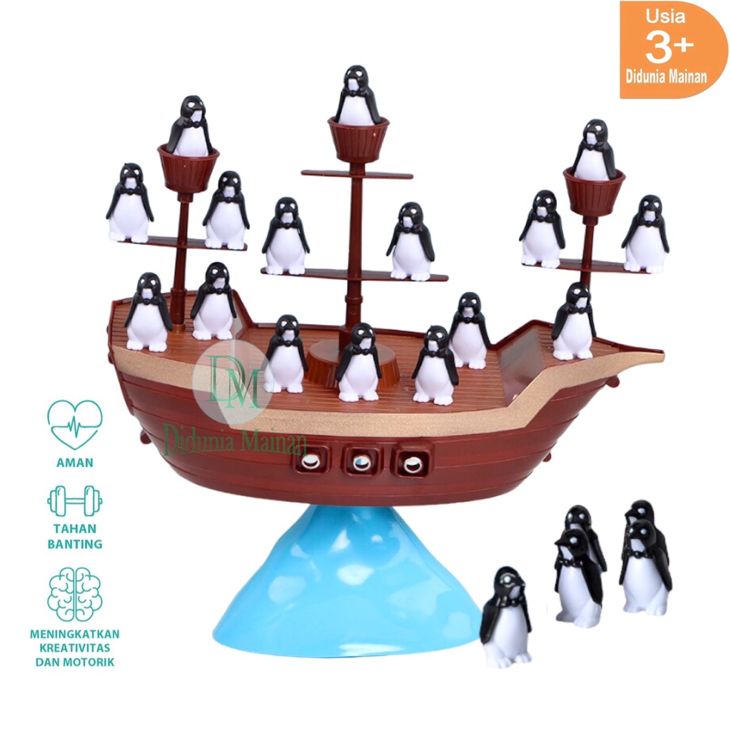 Mainan edukasi anak kapal bajak laut pinguin balancing board game set penguin balance on the pirates ship
