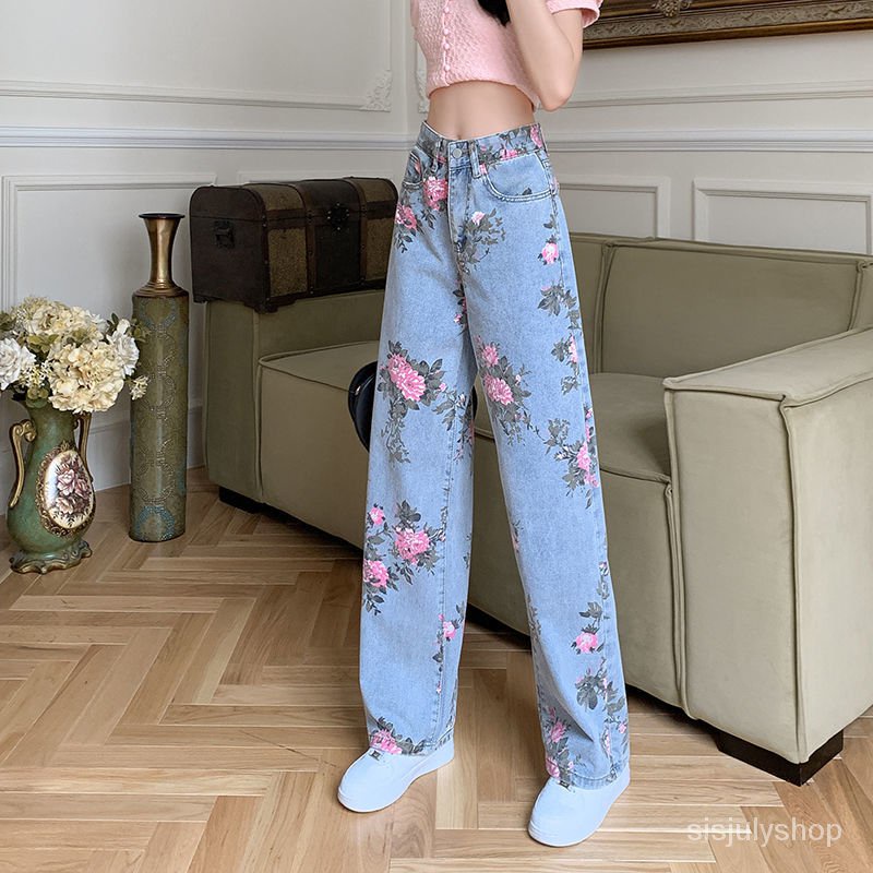 #Sisjuly# Rose jeans wanita baru longgar pinggang tinggi dicetak celana panjang berkaki lebar berkak