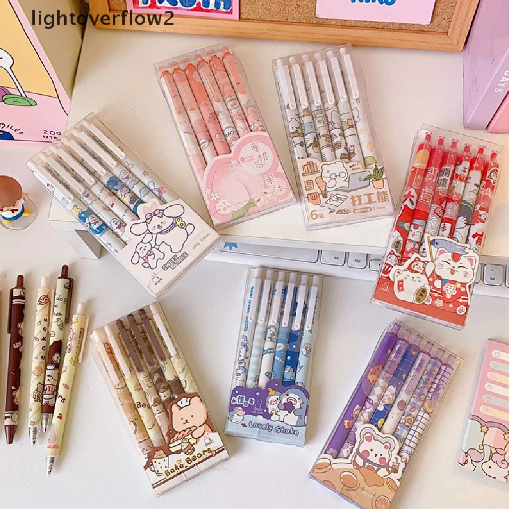 (lightoverflow2) 6pcs / Set Pulpen Tinta Gel Bentuk Kartun Beruang / Kelinci Untuk Stationery (ID)
