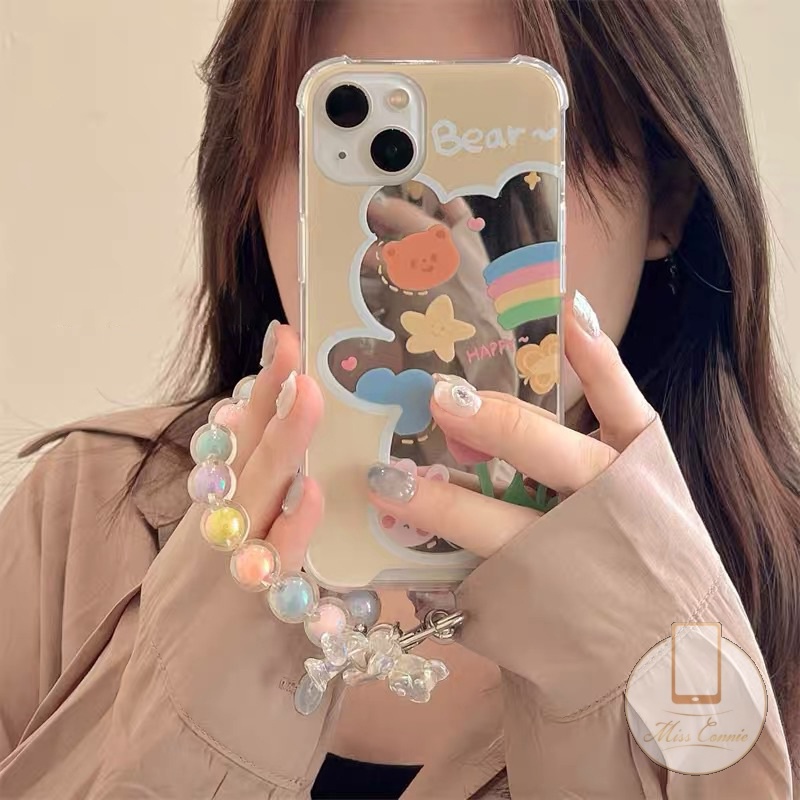 Casing Soft Case Motif Beruang 3D + Cermin Makeup + Gelang Mutiara Untuk iPhone 7 8 14 Plus 11 12 13 14 Pro Max XR X XS Max