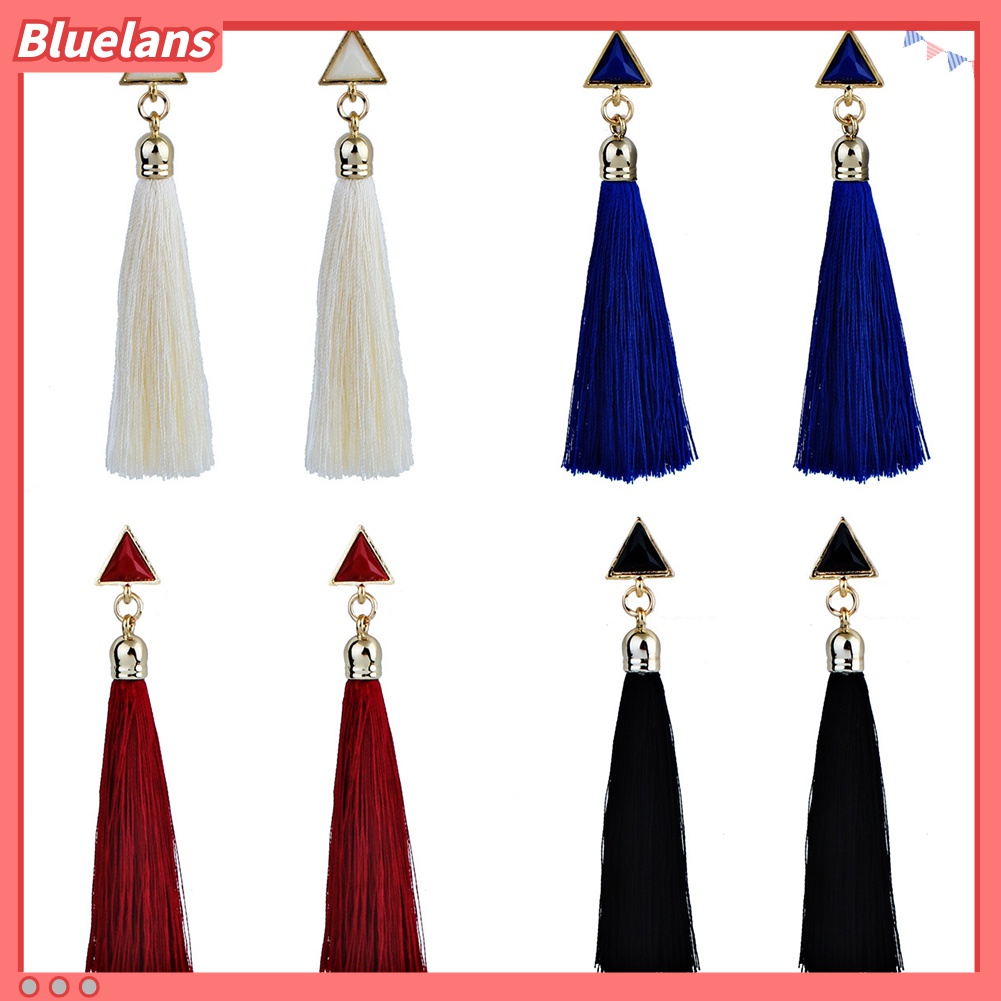 Anting Tindik Rumbai Panjang Bentuk Segitiga Geometris Gaya Bohemian Untuk Wanita