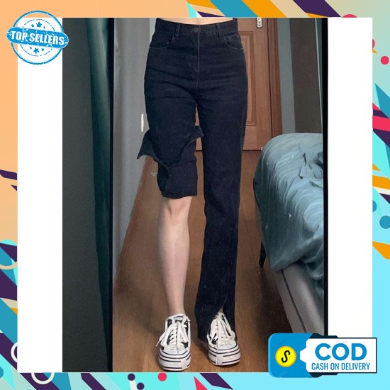 High Waist Celana Panjang Kulot Jeans Wanita Ujung Pinggir Belah Sobek Celana Jins Hw Cewek Kekinian