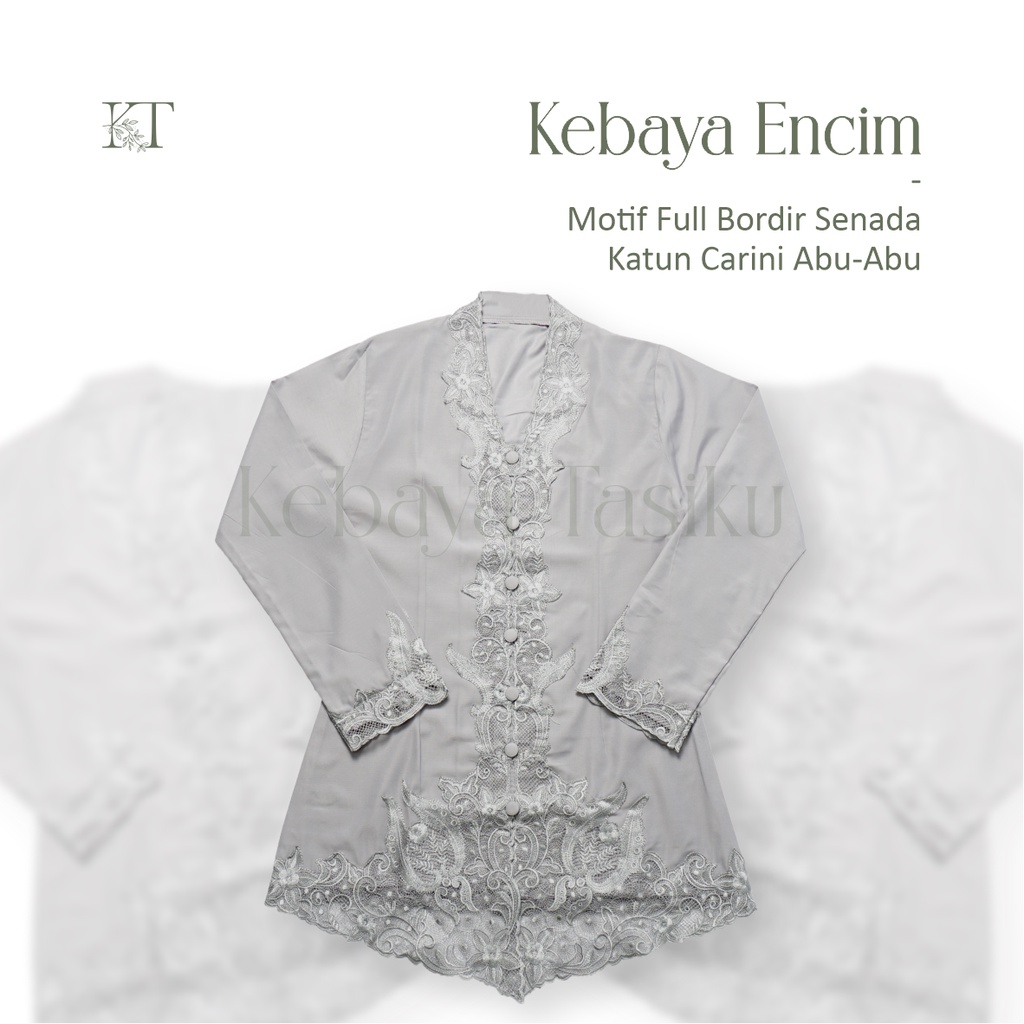 Kebaya Encim Modern Lengan Panjang Bordir Motif Senada Katun Abu