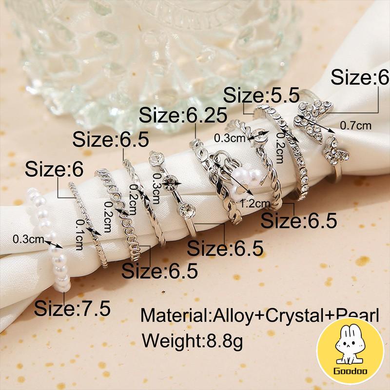 9 PCS Wanita Tipis Berongga Mutiara Kristal Kupu-kupu Berlian Premium Knuckle Ring Set -Doo