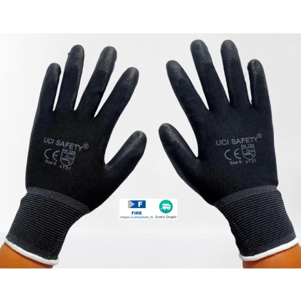 Sarung Tangan Ukuran S,M, L, XL Proyek Satpam Anti Slip Hitam Black Hand Gloves Mekanik Montir Berkebun Tukang Telapak Tangan dilapisi karet Bahan Nylon Polyester Elektronik Assembly Static Multi Purpose Polyurethane Kerja