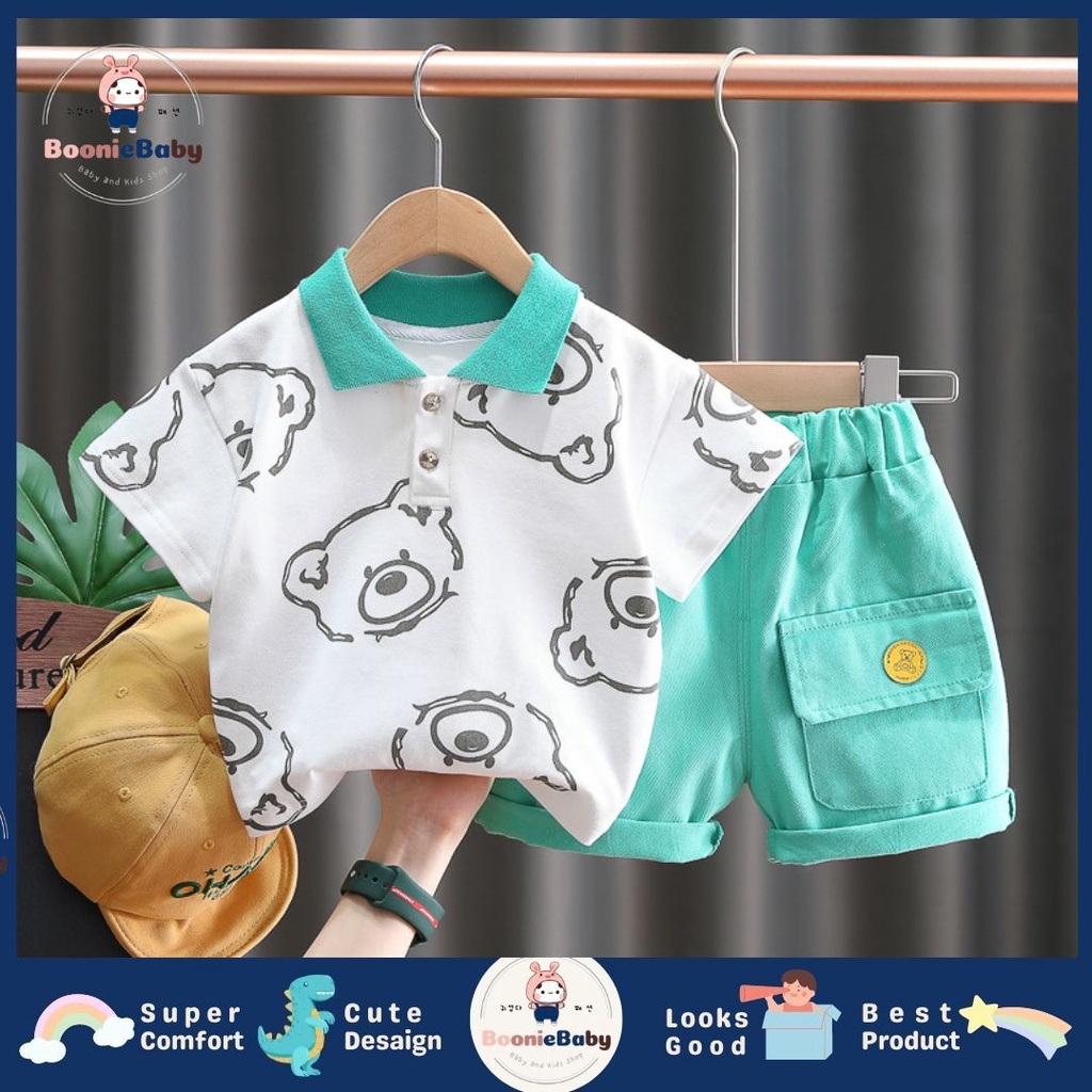 boonie COD setelan baju anak laki laki import motif beruang setelan anak laki import baju anak cowok import fashion anak laki laki impor motif PAPIBEAR GREEN white