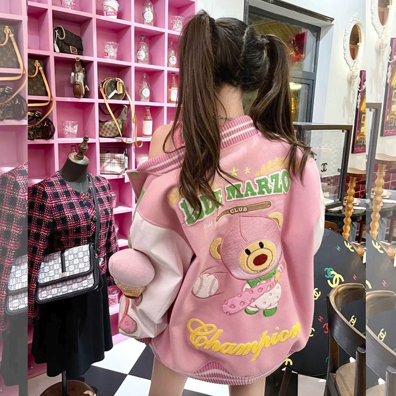 【Ready】[✅BISA COD] Jaket Bisbol Bubble Pink Peach Cookie Cubs