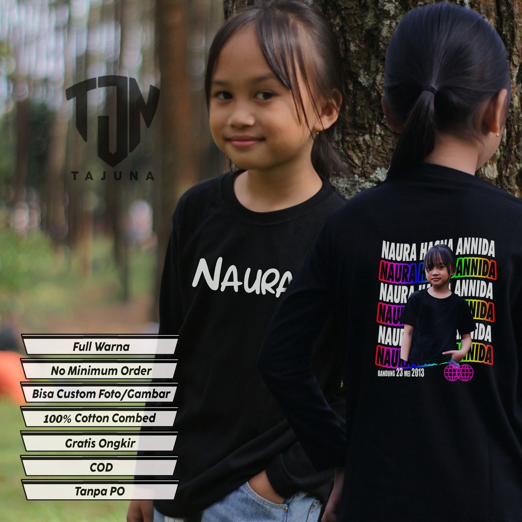 sablon 2 sisi Kaos untuk anak dengan design foto atw karakter kartun favorit di sertai nama anak