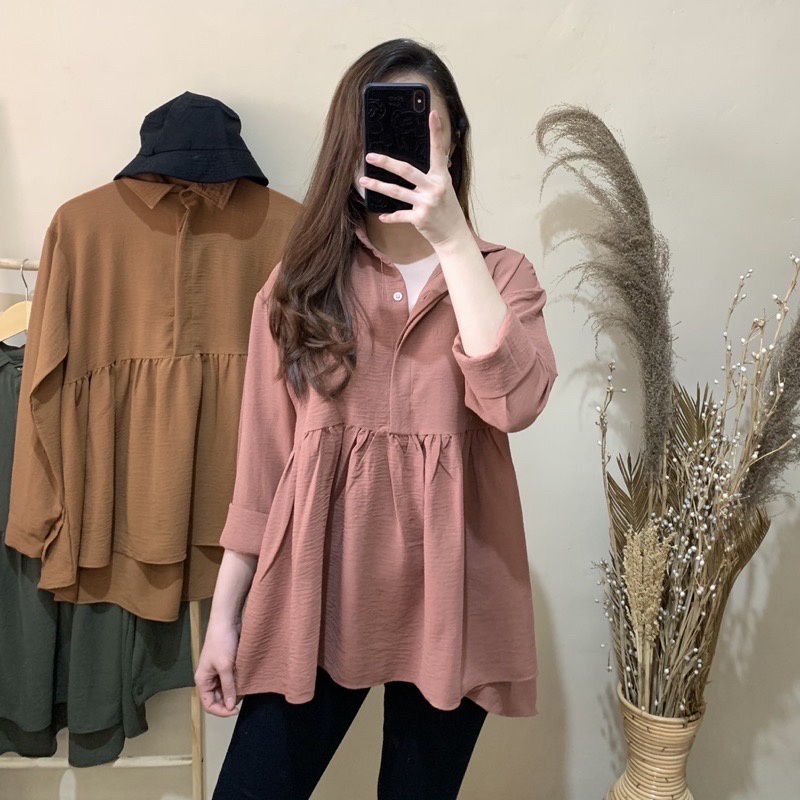 TRIVELA - Callista Longshirt - Blouse Wanita - Blouse Kerja - Blouse Basic - Blouse Busui Friendly - COD - SJJ