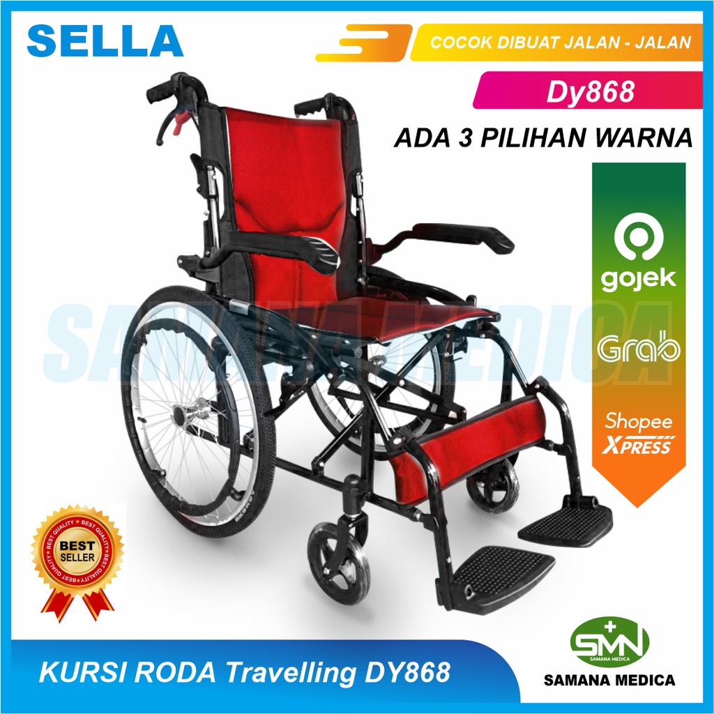 KHUSUS GOJEK dan GRAB SELLA DY868 Kursi Roda Travel Bisa Dorong Sendiri Rem Tangan Ringan Ringkas