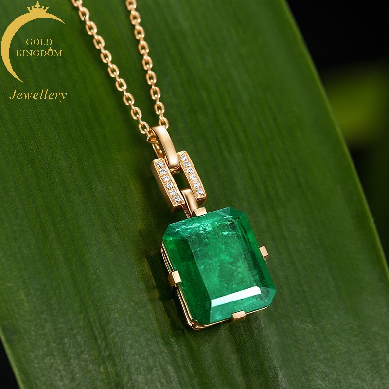Goldkingdom Perhiasan Fashion Emas Asli Kadar 375 Bangkok Aksesoris Ready Stock Lapis Emas 18K Persegi Zamrud Zirkon Kalung Untuk Wanita Liontin Dengan Berlian