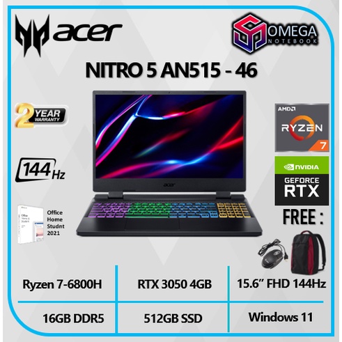 ACER NITRO 5 AN515 RYZEN 7 6800H 16GB 512SSD RTX3050 4GB W11+OHS 15.6&quot;FHD 144Hz TGP95