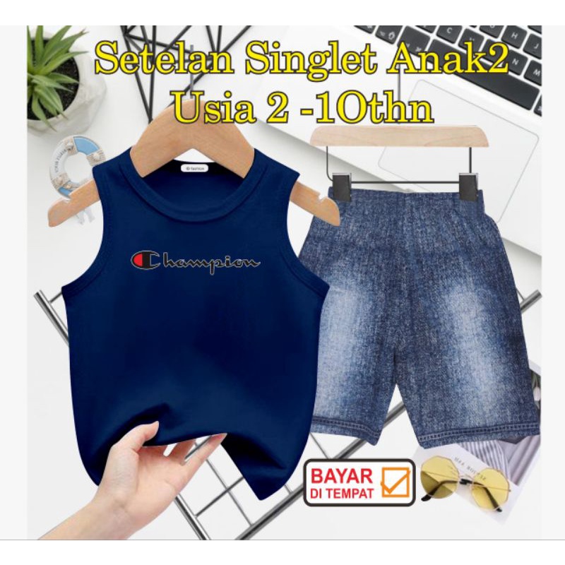 ((IB))SETELAN SINGLET ANAK SEMI JEANS/CH4MP10N DIGITAL SABLON