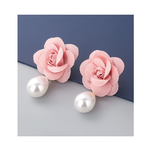 LRC Anting Tusuk Fashion White Imitation Pearl Fabric Flower V9722