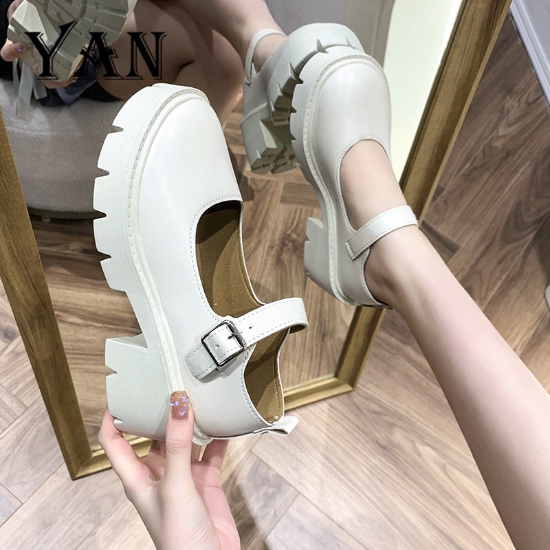 YAN Sepatu Mary Jane Wanita Kulit 5cm Chunky Block Heels Platform Shoes