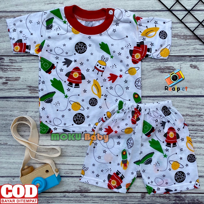 Setelan Baju Bayo Setelan Baju Piyama Lengan Pendek Kancing Bahu Motif Roket Ana Baby