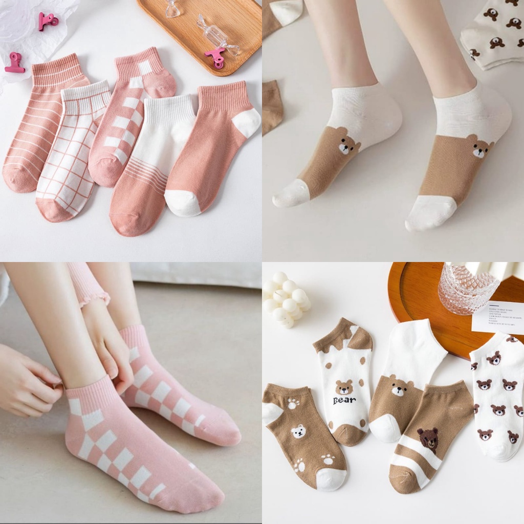 Kaos Kaki Pendek Fashion Motif Korea Garis Kotak Pink Bear Brown Cute Ankle Socks Import