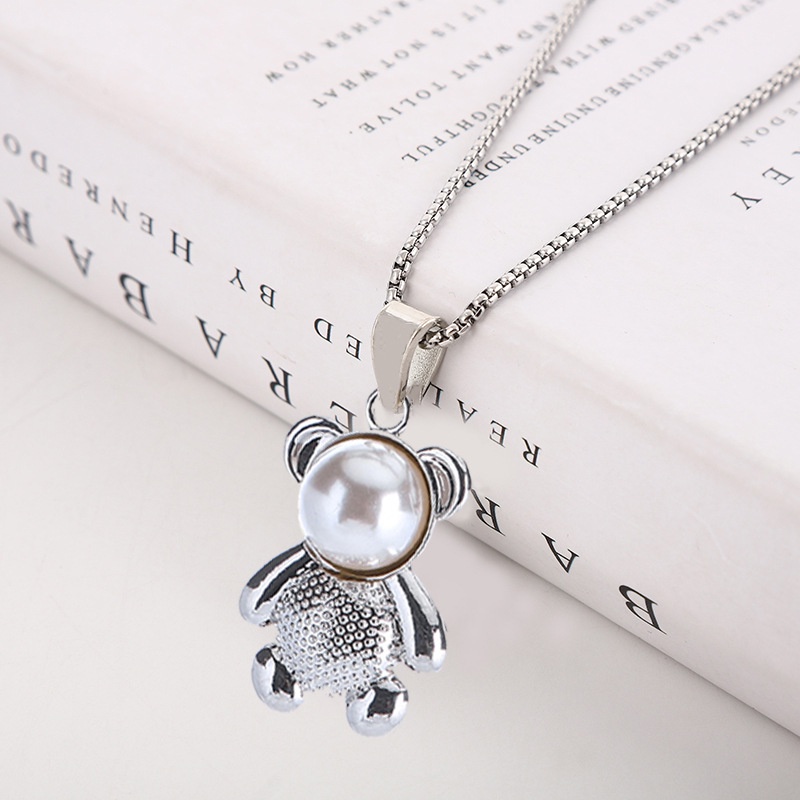 Kalung Rantai Panjang Liontin Beruang Aksen Mutiara Gaya Hip Hop Untuk Pasangan