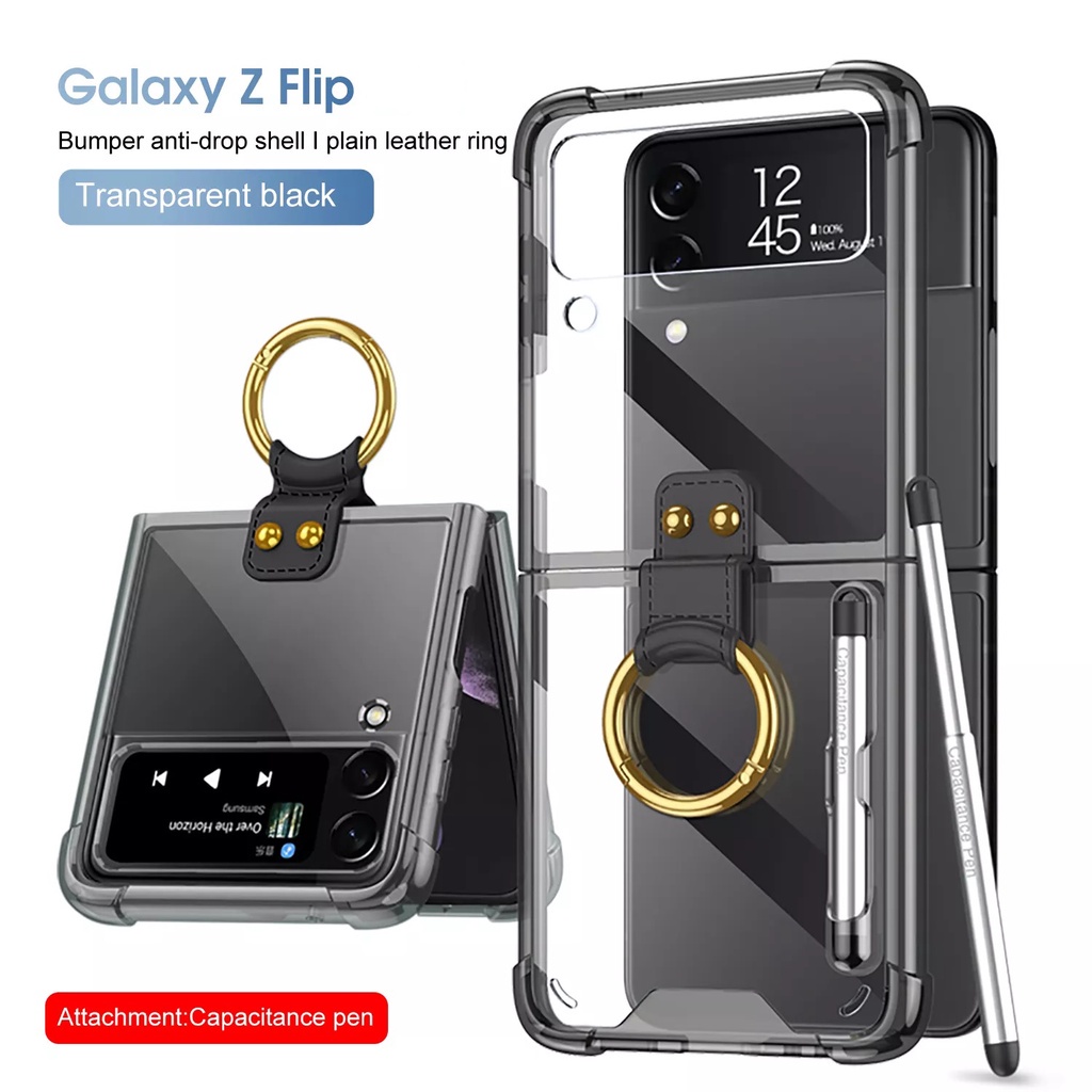 Clear Case Strap Finger Ring Samsung Z Flip 4 Hard Case Transparant + Plus Tempered Glass Camera Protector