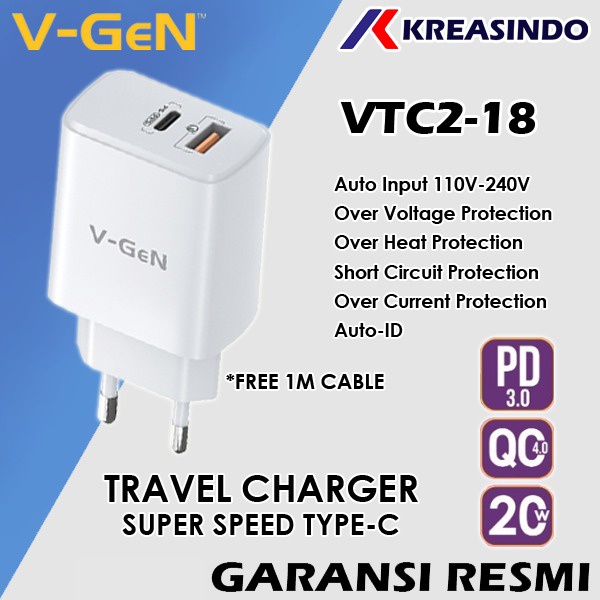 VGEN V-GeN VTC2-18 Adapter Charge Fast Charging QC 4.0 PD Type C 20W